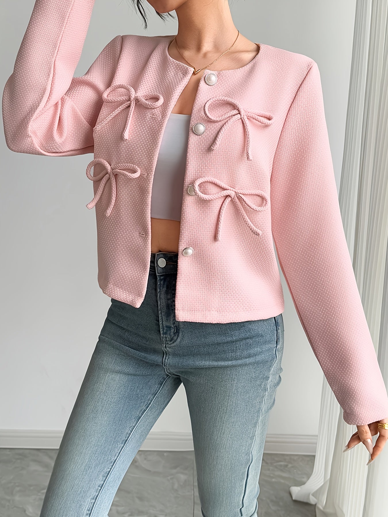 Women's Casual Chic Round Neck Long Sleeve Jacket with Bow Accents - Lightweight 100% Polyester Machine-Washable Spring Summer Fall Outerwear, Solid Color Versatile Blazer