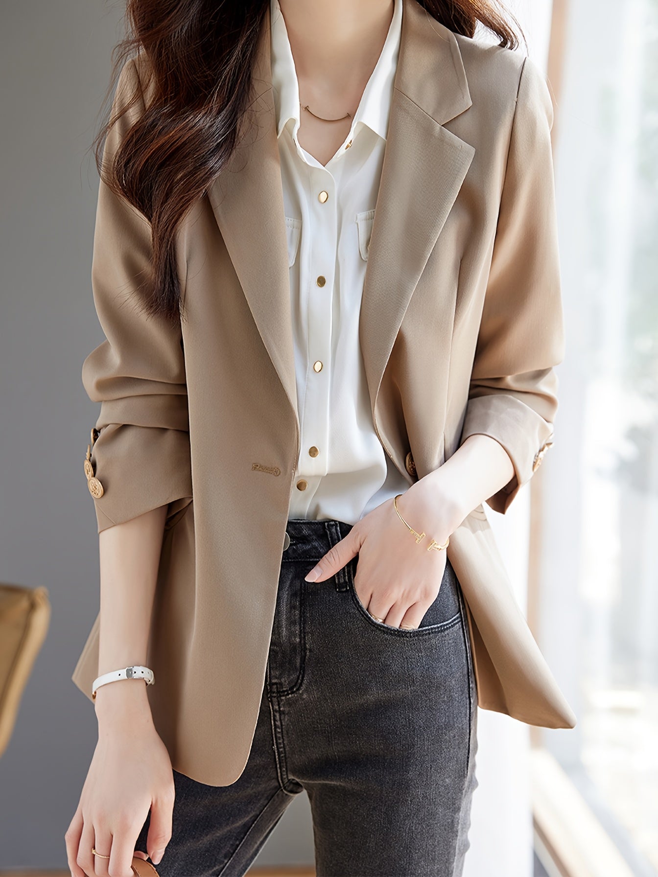 XWI Women's Elegant Beige Blazer - Spring\u002FFall 2024 Collection, Versatile Long Sleeve Jacket with Button Details, Perfect for Office or Casual Outfits