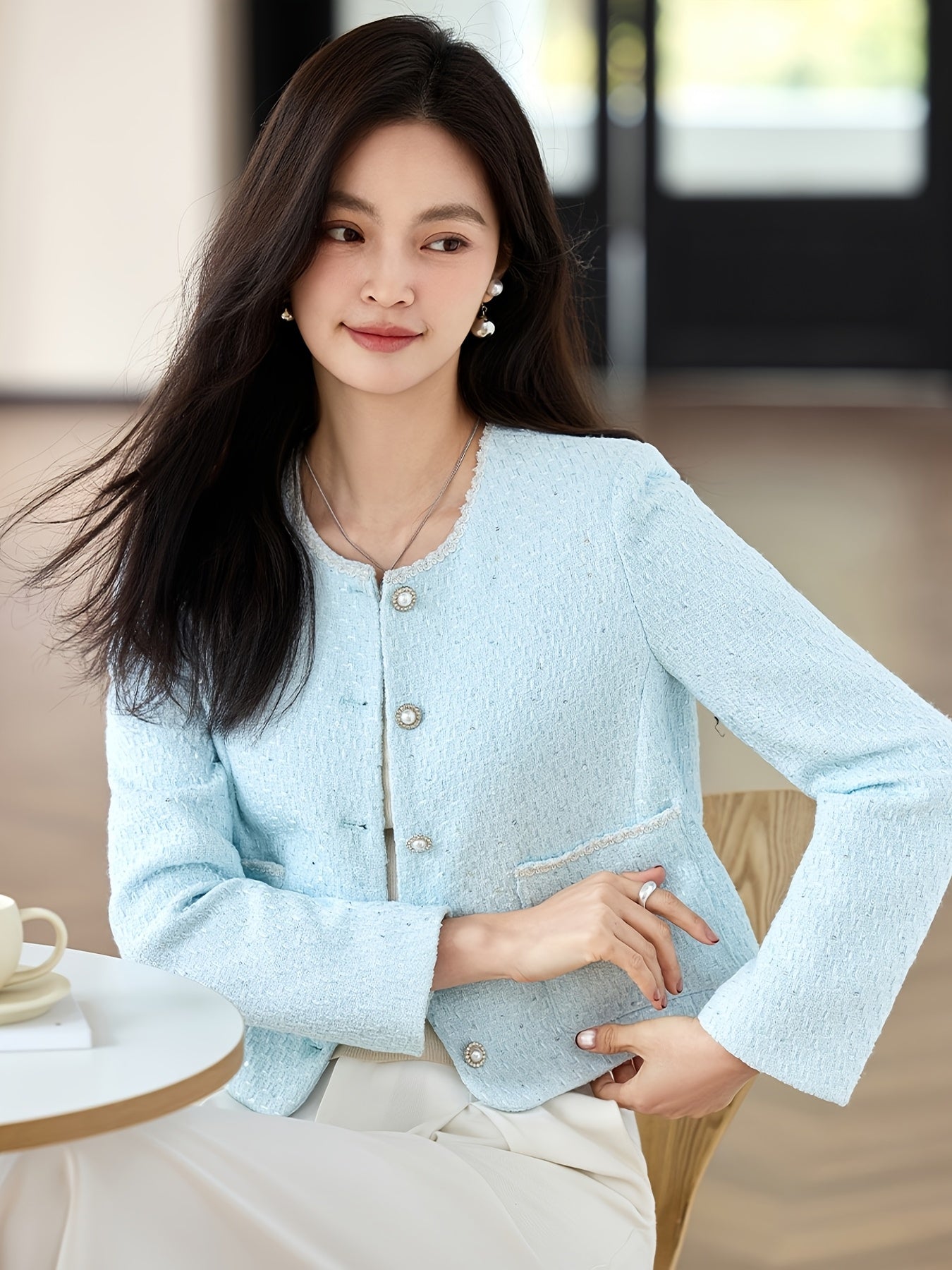 Women'S Elegant Light Blue Blazer with Golden Buttons - Versatile Long Sleeve Short Jacket for Spring & Fall, Polyester Fabric, Stylish Button-Up Design, Perfect for Office or Casual Attire, Office Blazer | Stylish Blazer | Polyester Blazer