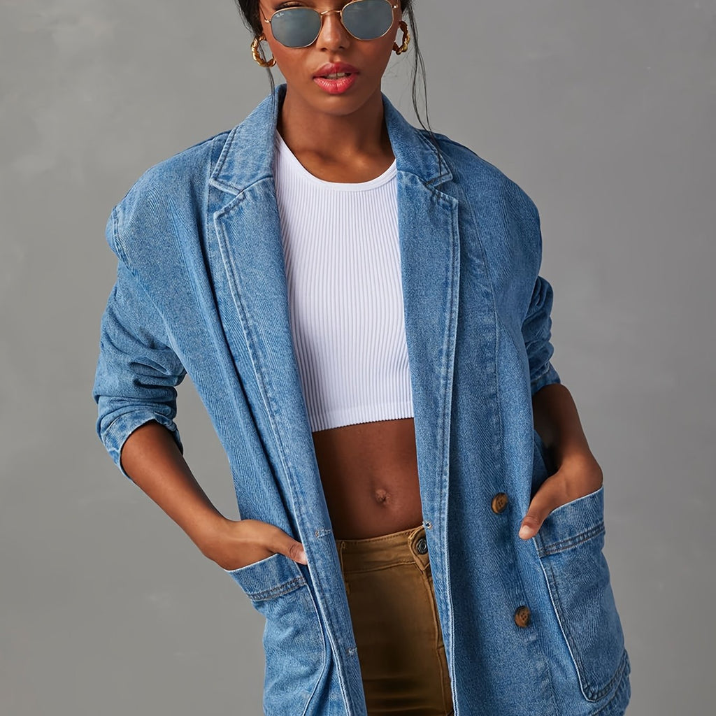 Women'S Elegant Washed Blue Denim Blazer - Single-Breasted, Long Sleeve, Casual Style with Pockets, Perfect for Spring\u002FSummer, Casual Jacket|Sleeveless Jacket|Single Breasted Jacke