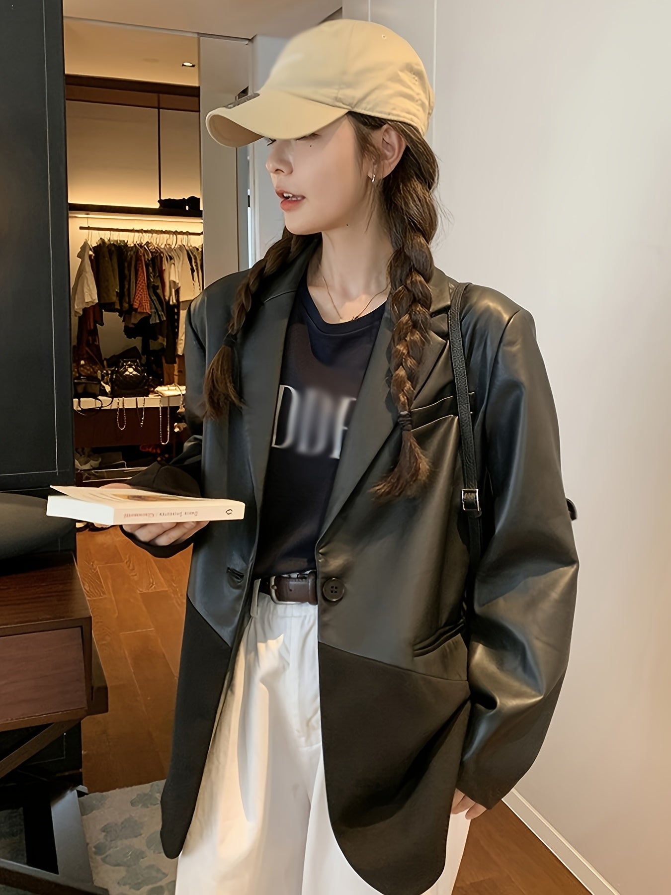 Women'S Stylish Black and White Checkered Blazer - Elegant Non-Stretch Polyester Fabric, Long Sleeve, Single Button Closure, Perfect for Casual & Formal Occasions, Casual Attire|Checkered Blazer|Polyester Blazer