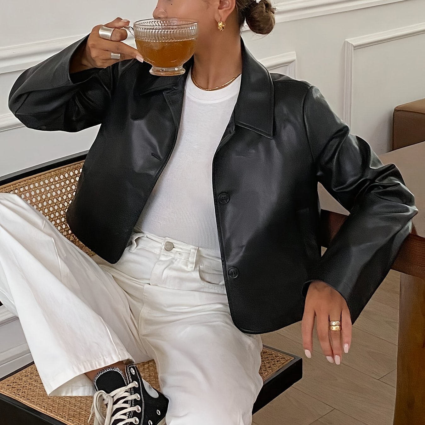 Women's Short Casual Solid Color Minimalist PU Leather Jacket - Button-Up, Non-Stretch Fabric, Perfect for Casual Attire, Allseason Outerwear | Buttonup Jacket | Durable Casual Wear