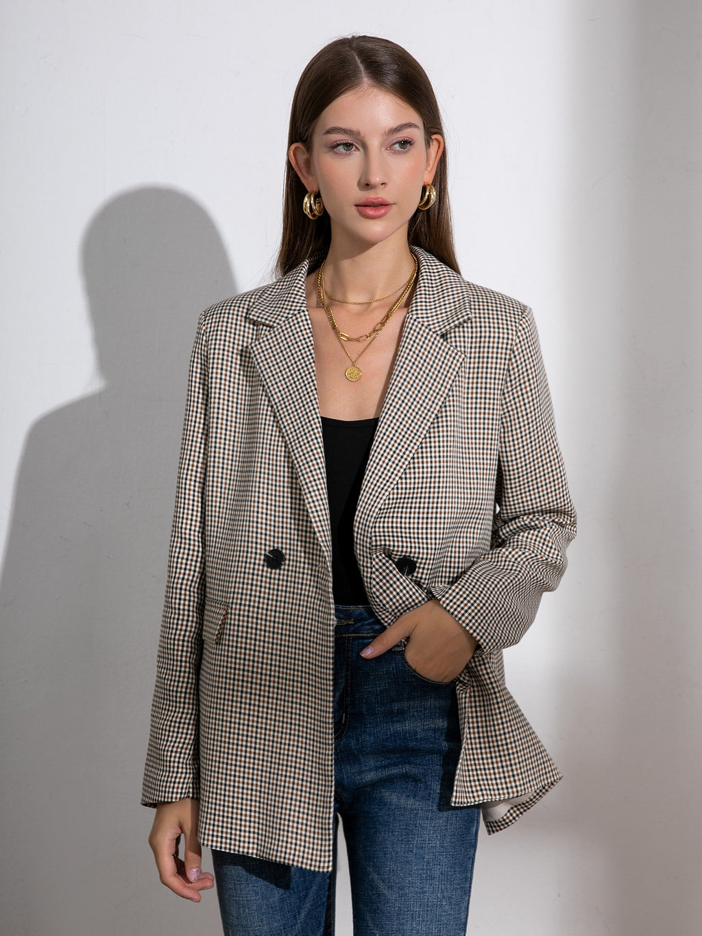 Plaid Pattern Double Breasted Lapel Blazer, Elegant Long Sleeve Blazer For Work & Office, Women's Clothing