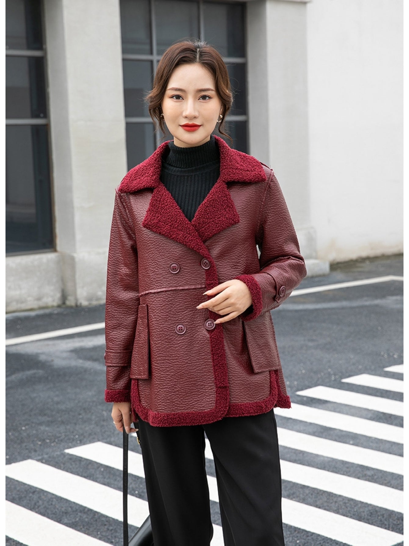 Elegant PU Leather Reversible Jacket for Women - Warm Fleece-Lined, Casual Loose Fit with Pockets, Solid Color, Polyurethane Material, Perfect for Fall\u002FWinter