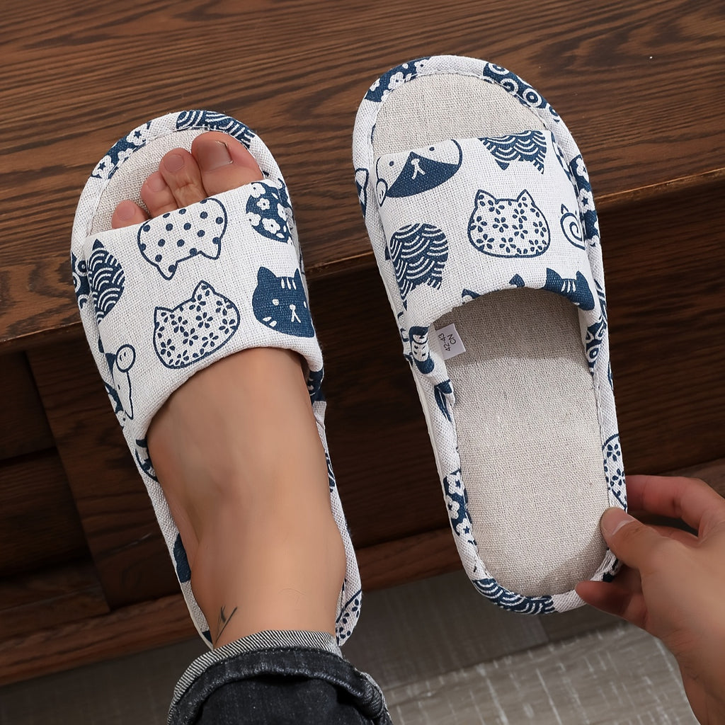 Casual Cartoon Cat Print Linen Slippers Unisex All-Season Indoor Slip-On Home Shoes with Anti-Slip EVA Sole and Comfort Fabric Inner