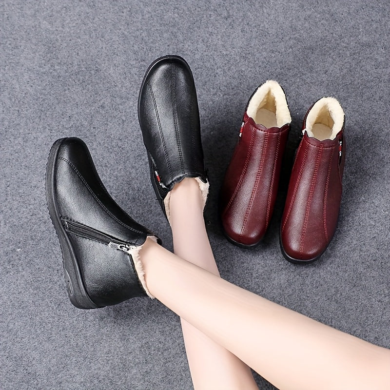 Women'S Plus Size Winter Boots - Black Faux, Warm Lined, Non-Slip Rubber Sole, Flat Heel, Zipper Closure, Comfortable Short Boots for Cold Weather, Winter Footwear|Round Toe Boots|Faux Boots