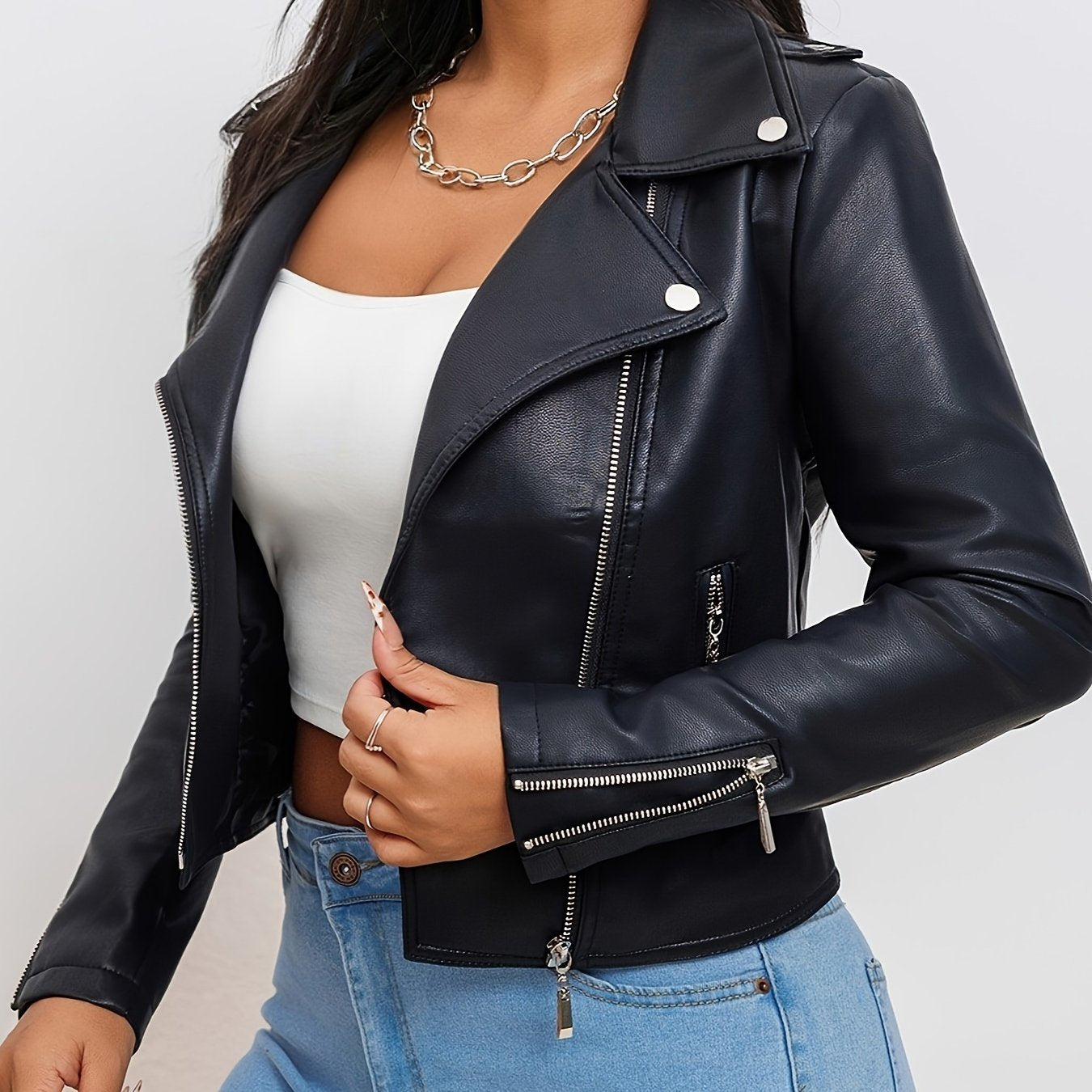 Women'S Chic Faux Leather Biker Jacket - Beige, Long Sleeve, Zipper Front, Pockets, Skinny Fit, Spring\u002FFall Fashion, Casual Attire Jacket|Chic Casual Jacket|Zippered Jacket