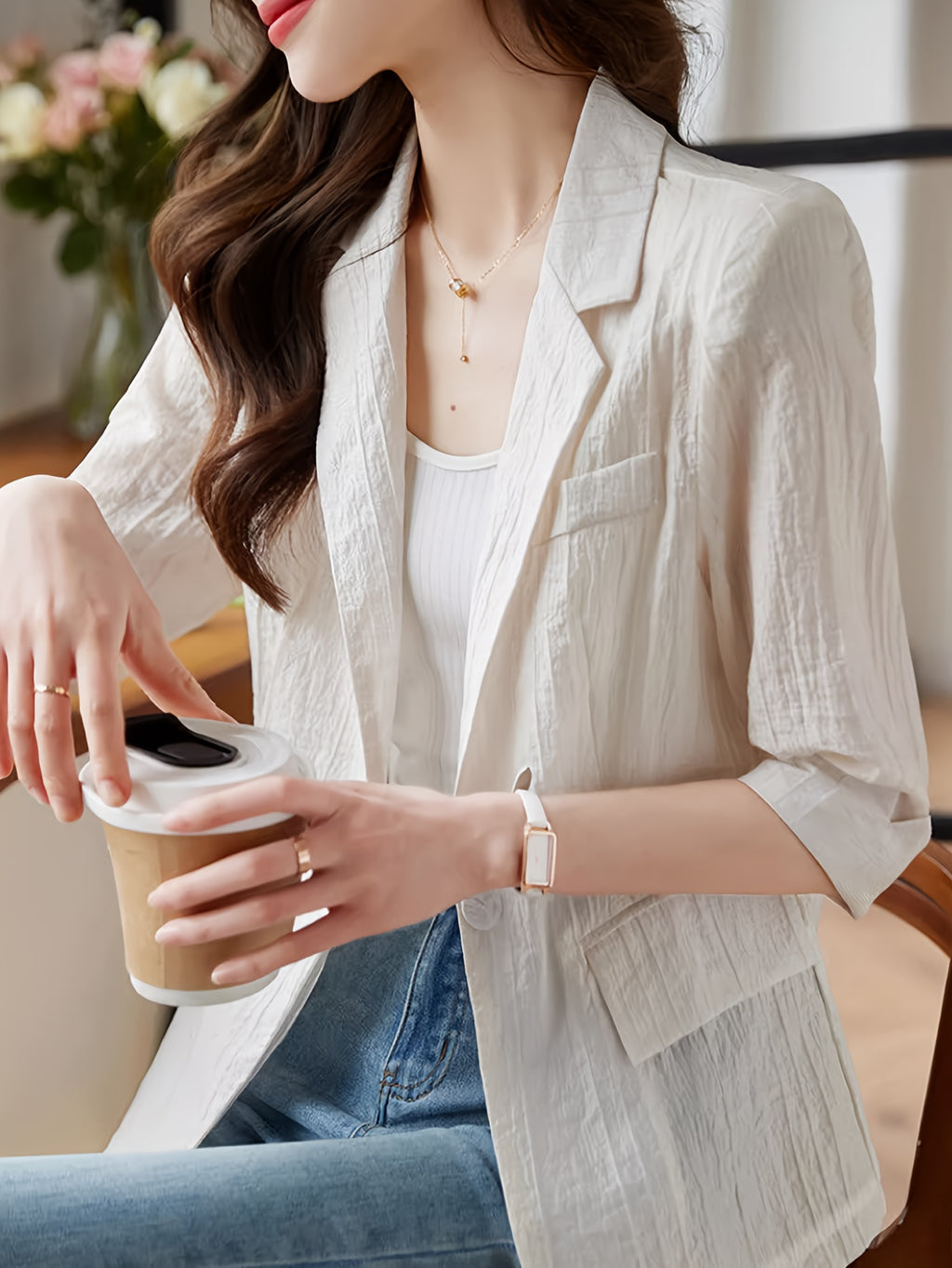 Women'S Elegant Summer Blazer - Casual Mid-Sleeve, Solid Color, Lightweight Jacket with Button Front and Ribbed Cuffs, Perfect for All Seasons