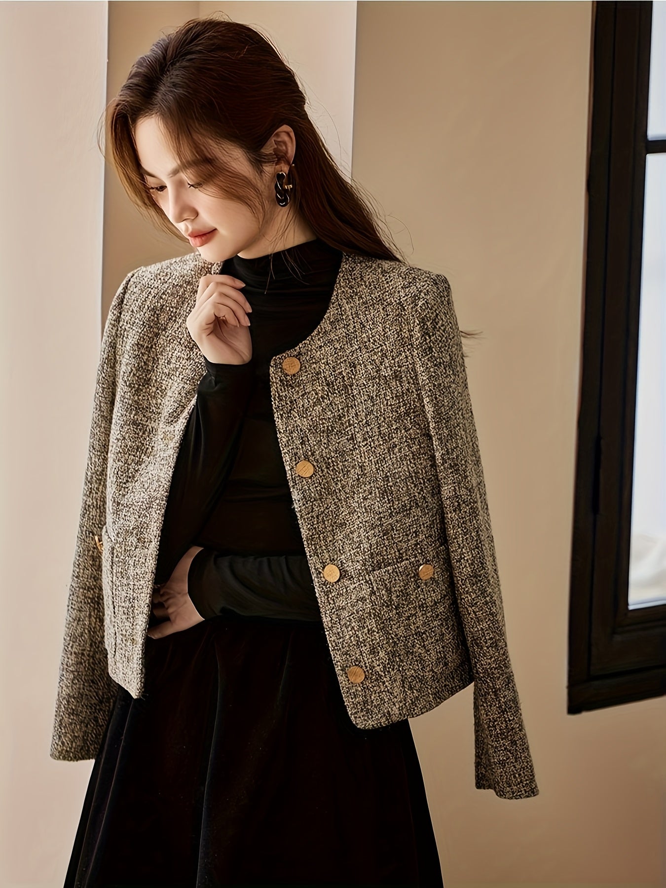 Chic French-Inspired Women'S Blazer - Elegant Long Sleeve, Button-Up Jacket with Golden Buttons, Polyester, Perfect for Spring\u002FFall, Sophisticated Layering Piece|Chic Buttonup Blazer|Polyester Jacket