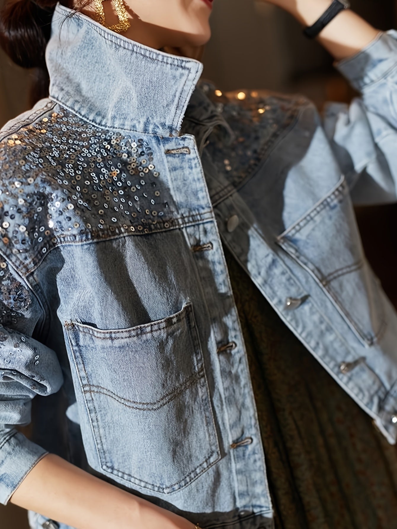 Women's Light Blue Denim-Look Jacket with Sequin Details, Flap Pockets, and Buttoned Cuffs - Stylish Long Sleeve Outerwear for Spring\u002FFall, Ladies Denim Jacket, Casual Outerwear | Trendy Women's Jacket | Sequin Accents