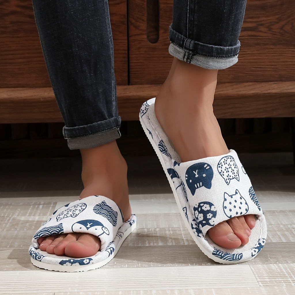 Casual Cartoon Cat Print Linen Slippers Unisex All-Season Indoor Slip-On Home Shoes with Anti-Slip EVA Sole and Comfort Fabric Inner