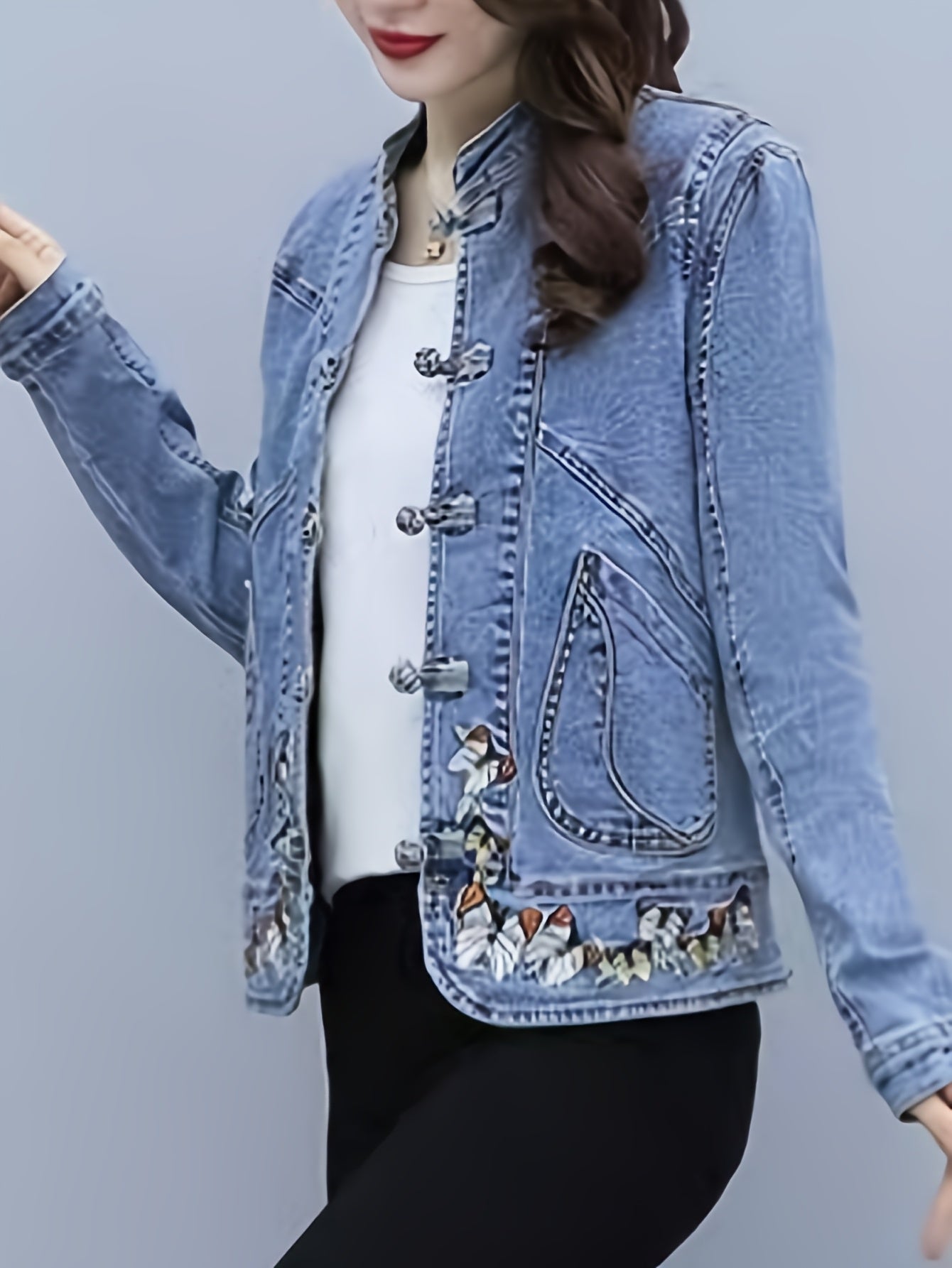Women'S Vintage-Inspired Denim Jacket with Floral Embroidery - Short, Stretchy, Non-Stretch Fabric, Perfect for Spring & Fall, Casual Style Jacket|Vintage Denim Jacket|Embroidered Detail