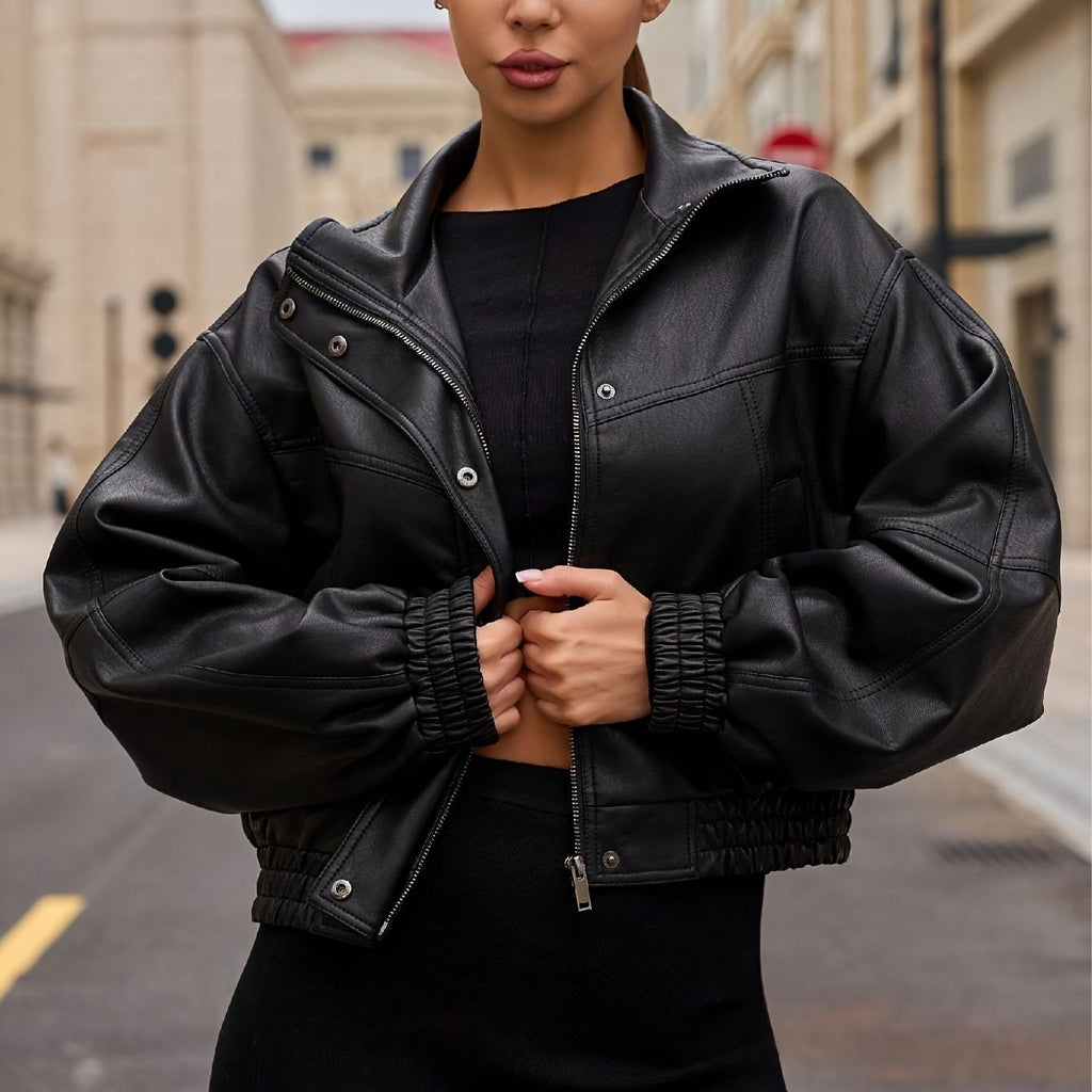 Women'S Casual Stand Collar Black Cropped Jacket, Faux Leather with Zipper, Solid Color, Long Sleeve, Short Length, Fall\u002FWinter Outerwear, 91% Polyester 5% 4% Viscose