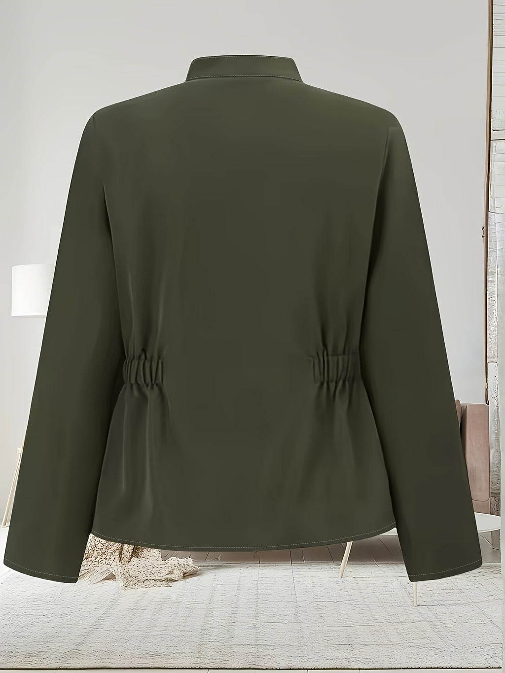 Women's Slim Fit Button-Up Military Jacket - Olive Green Casual Chic Blazer with Stand Collar, Long Sleeves, and Flap Pockets for Spring\u002FSummer\u002FFall