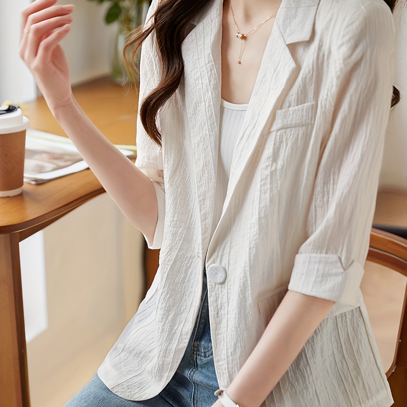 Women'S Elegant Summer Blazer - Casual Mid-Sleeve, Solid Color, Lightweight Jacket with Button Front and Ribbed Cuffs, Perfect for All Seasons