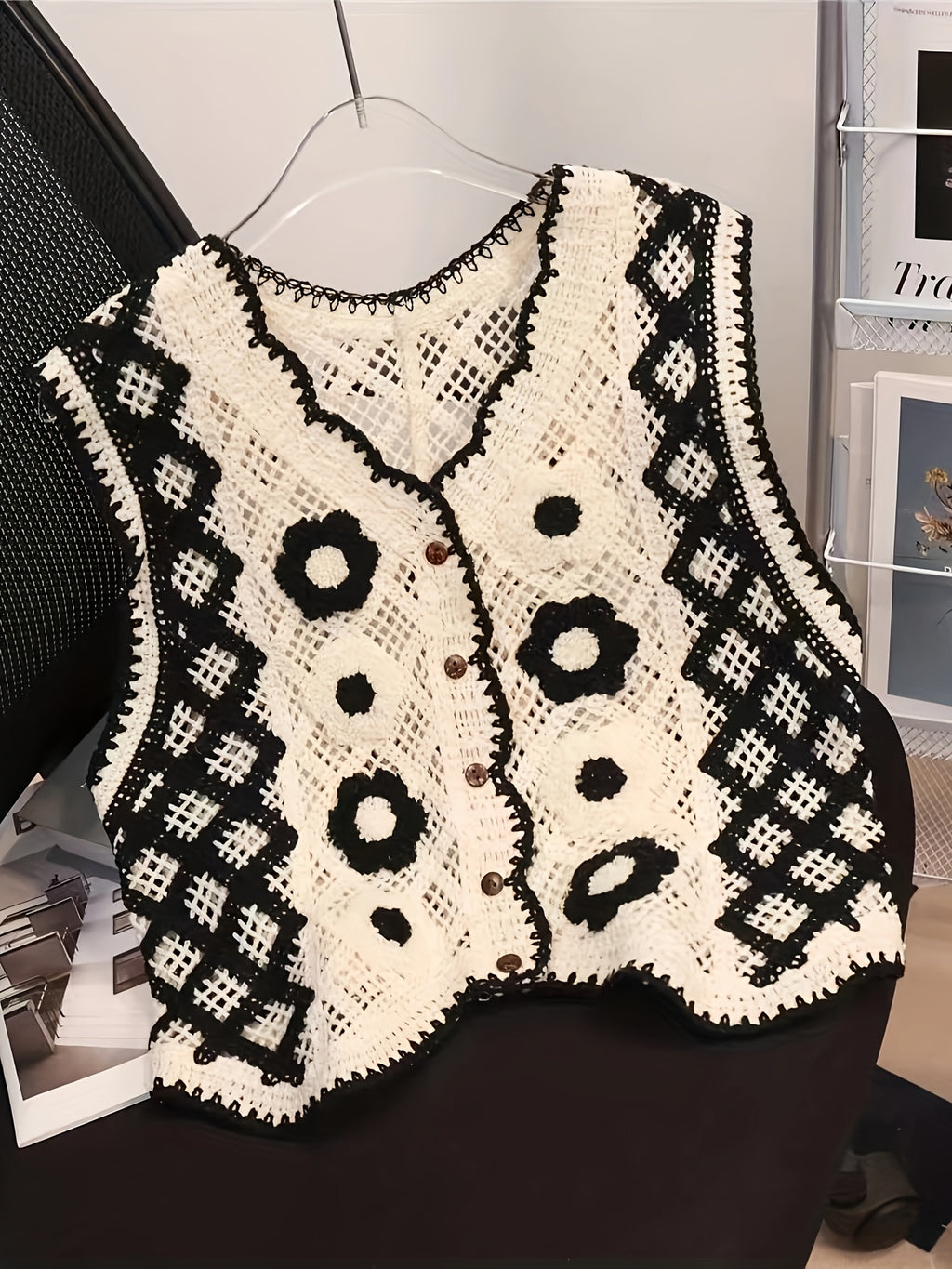 Bohemian Style Versatile Hollow Crochet Vest for Women, Cute Summer V-Neck Outerwear for Vacation Layering.