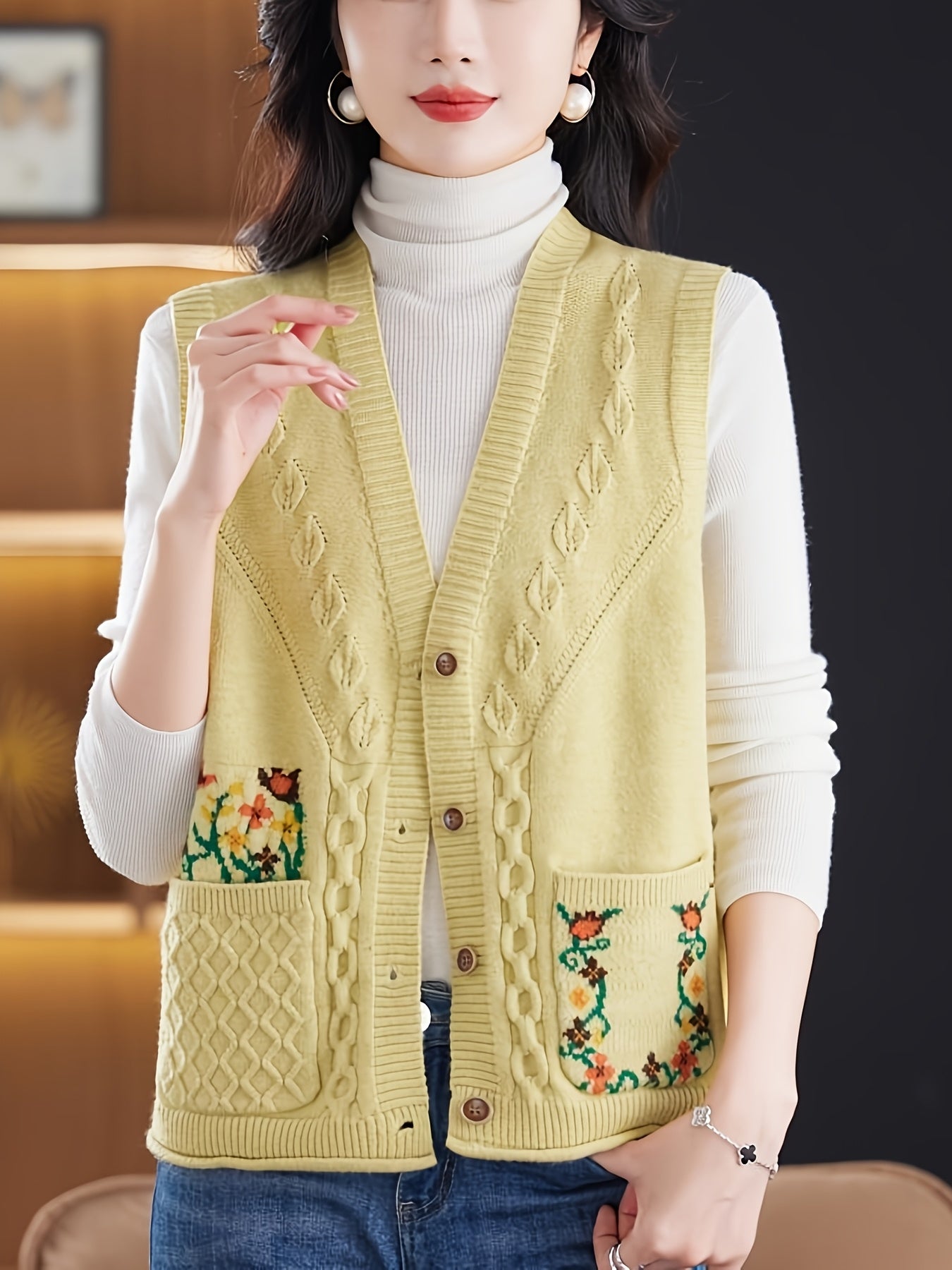 Better Tomorrow Women's Elegant Vintage Floral Sleeveless Vest - V-Neck Double Pocket Layering Piece, Relaxed H-Silhouette for Spring\u002FFall Casual Outfits, Ladies Vests, Spring Fall Apparel, Durable Knitwear