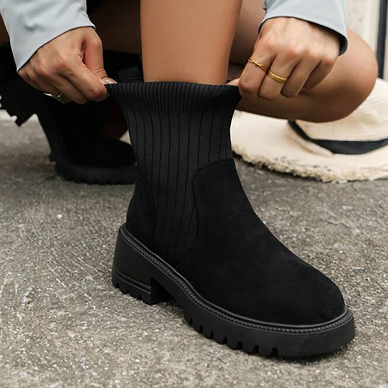 Elegant Black Faux Fur Ankle Boots - Stylish Pull-On with Round Toe, Mid-Heel, and Rubber Sole for Women, Perfect for Casual and Formal Attire, Stylish Ankle Boots|Faux Fur Boots|Rubber Sole Boots