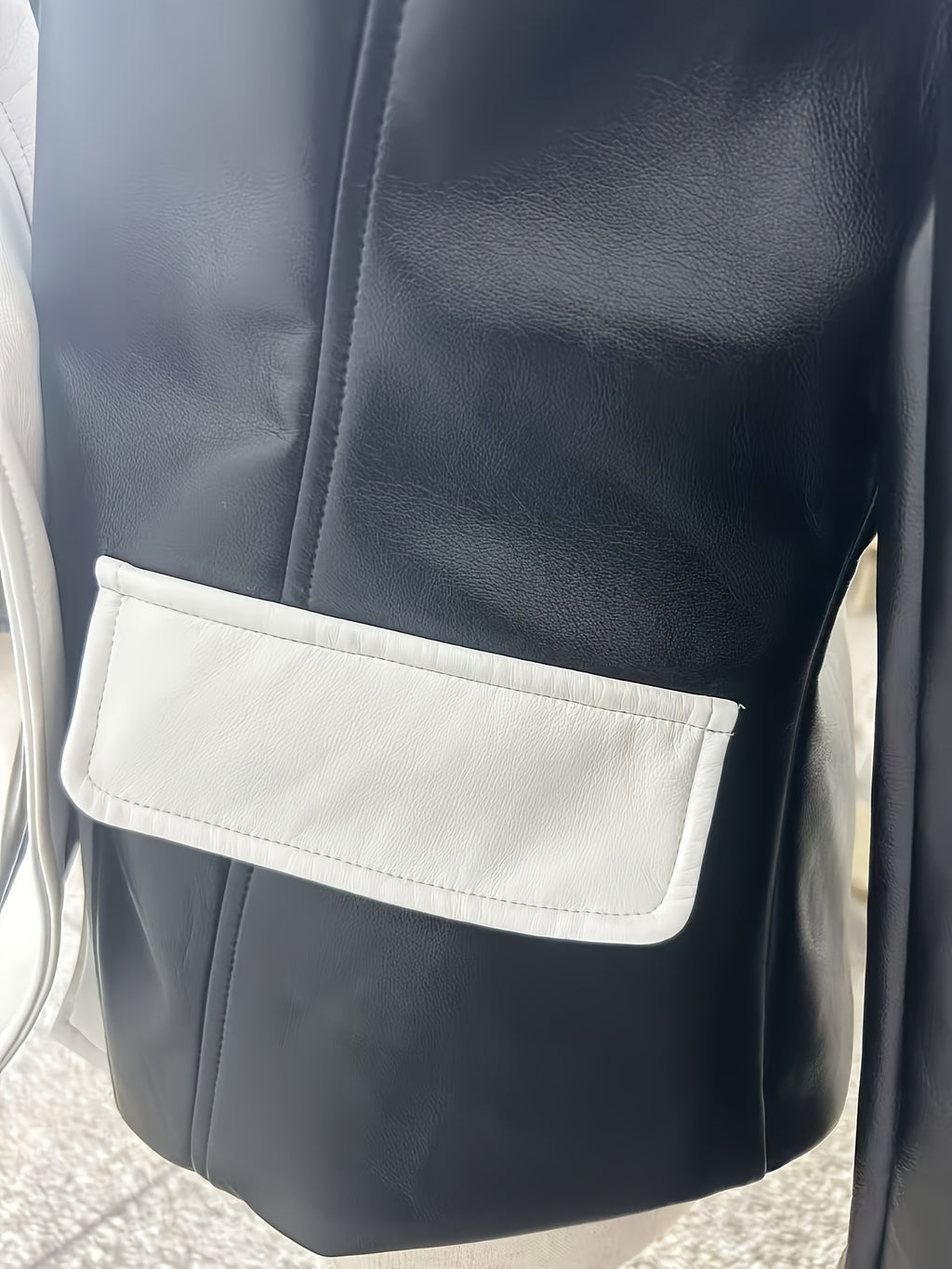PUPU Women's Elegant Black & White Contrast PU Leather Jacket - Machine Washable Notch Lapel Biker Jacket with Fake Pockets, All-Season Versatile Outerwear, Stylish Layering, Modern Fashion, Polished Look, Trendconscious Buyers