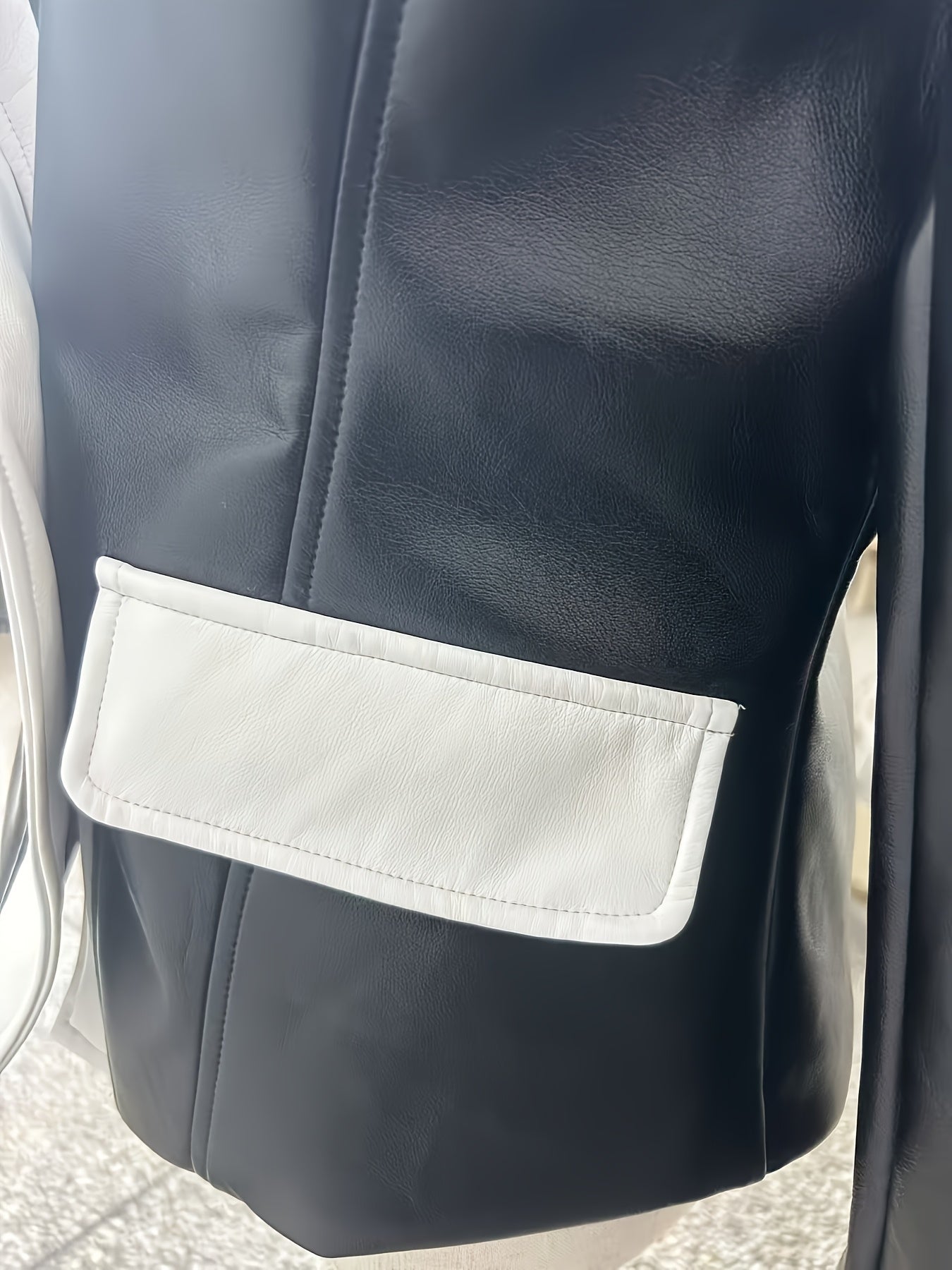PUPU Women's Elegant Black & White Contrast PU Leather Jacket - Machine Washable Notch Lapel Biker Jacket with Fake Pockets, All-Season Versatile Outerwear, Stylish Layering, Modern Fashion, Polished Look, Trendconscious Buyers