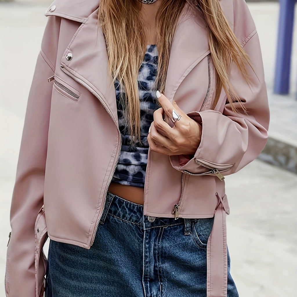 Women'S Chic Pink Faux Leather Jacket - Casual Short Style with Asymmetrical Hem, Zipper & Button Details, Perfect for Motorcycle Riding & Casual Attire, Motorcycle Jacket