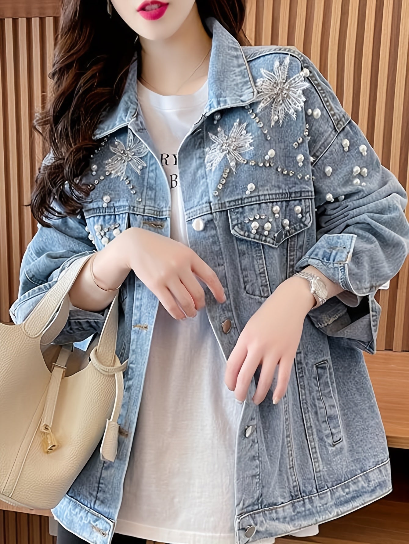 Spring\u002FFall Casual Jacket with Lapel Collar, Color Block Pattern, Long Sleeve, Button Details, Polyester Fabric, 130 g\u002Fm², Woven, Fashionable and Stylish for Going Out