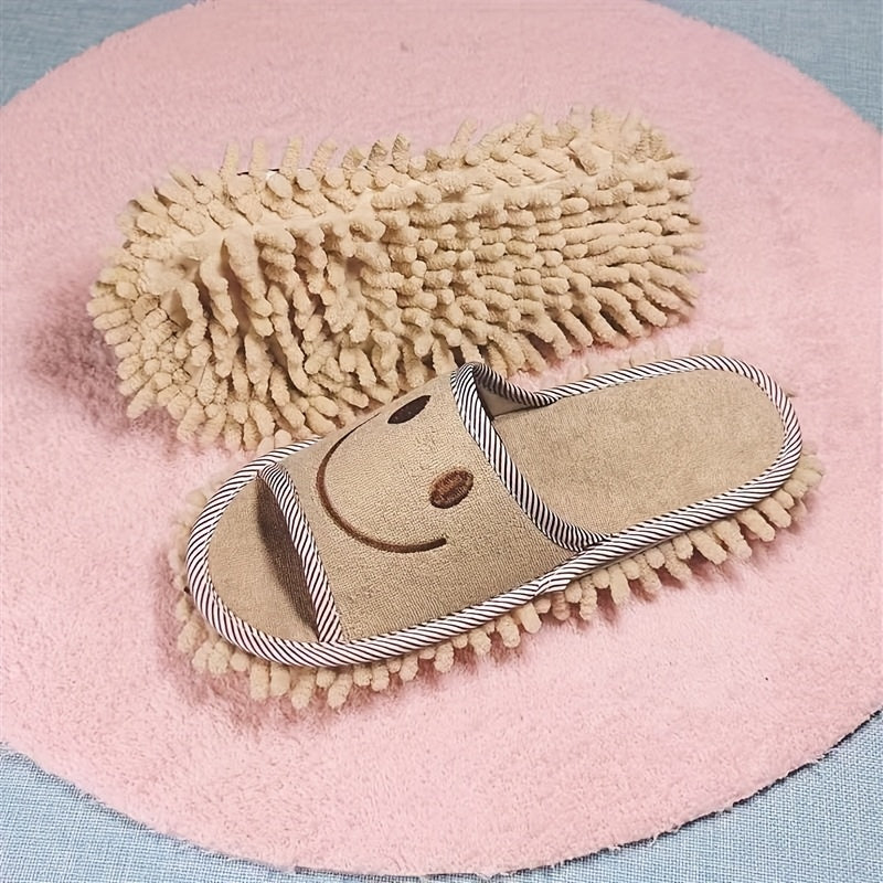 1 Pair Ultra-Fine Fiber Cleaning Slippers - Quiet, Efficient Dust & Floor Cleaner with Joyful joyful Face Design for Bedroom, Bathroom, Living Room - Light Blue, White, Pink Options, Bathroom Slippers | Comfortable Footwear | Plush Fabric Slippers