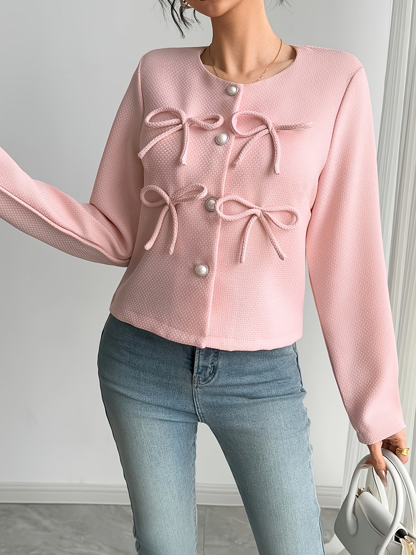 Women's Casual Chic Round Neck Long Sleeve Jacket with Bow Accents - Lightweight 100% Polyester Machine-Washable Spring Summer Fall Outerwear, Solid Color Versatile Blazer