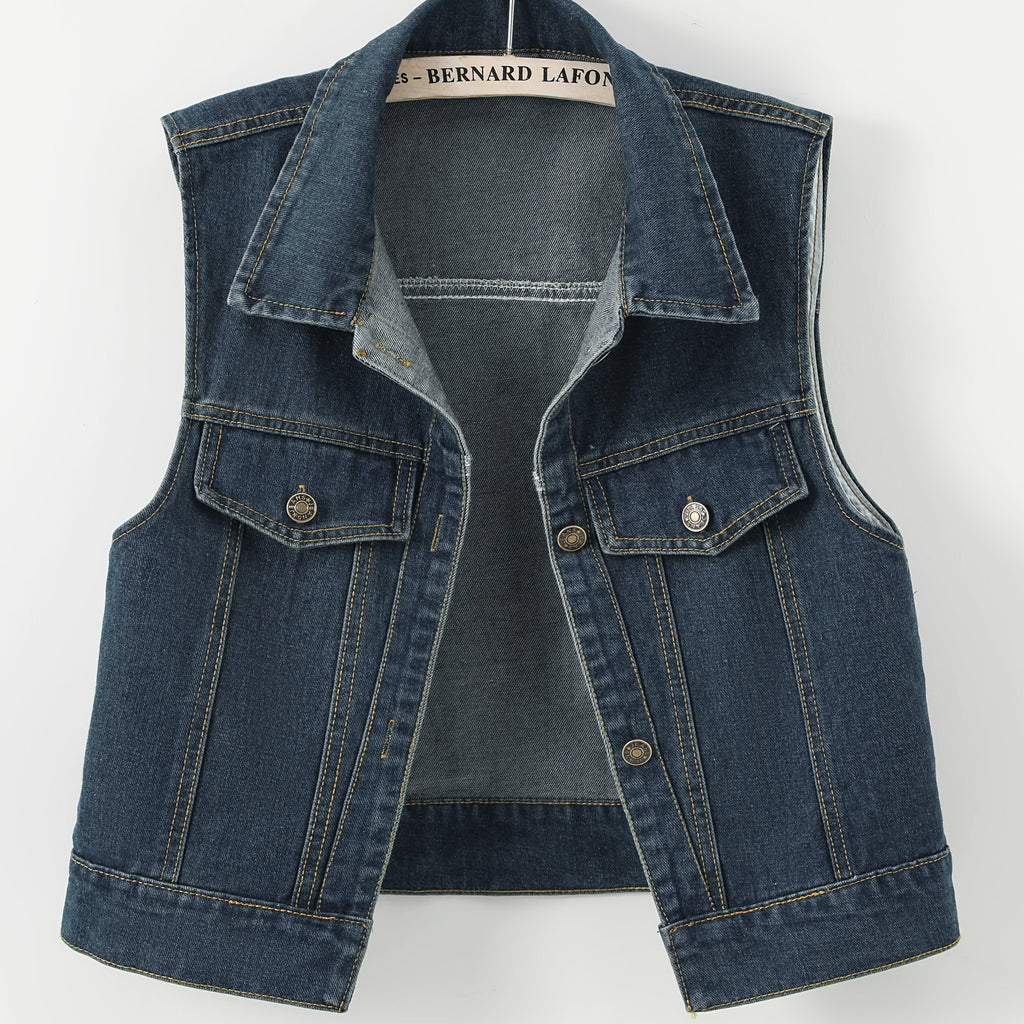 Women's Sleeveless Denim Vest - Retro Distressed Blue Washed -like Texture, Machine Washable All-Season Layering Piece, Casual Chic Short Jacket for Everyday Outfits, Sleek Flap Pockets