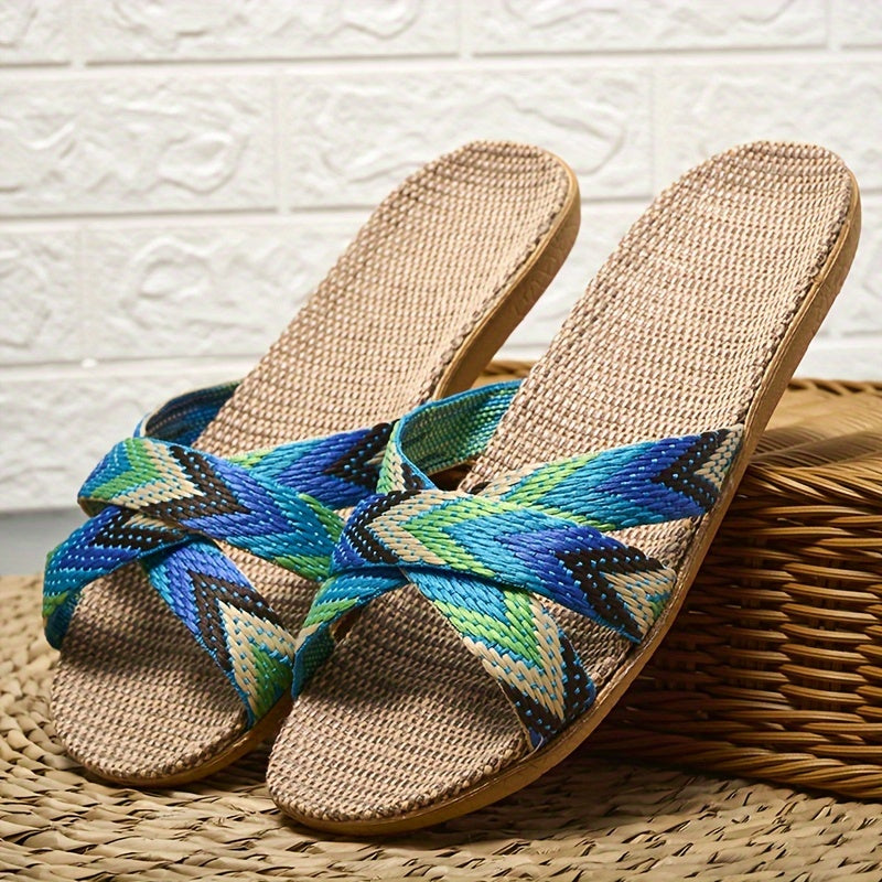 Women's Striped Linen Slippers - Summer Fashion, Comfortable Indoor\u002FOutdoor Flats with EVA Sole, 515
