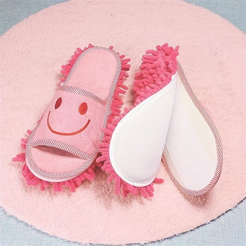 1 Pair Ultra-Fine Fiber Cleaning Slippers - Quiet, Efficient Dust & Floor Cleaner with Joyful joyful Face Design for Bedroom, Bathroom, Living Room - Light Blue, White, Pink Options, Bathroom Slippers | Comfortable Footwear | Plush Fabric Slippers