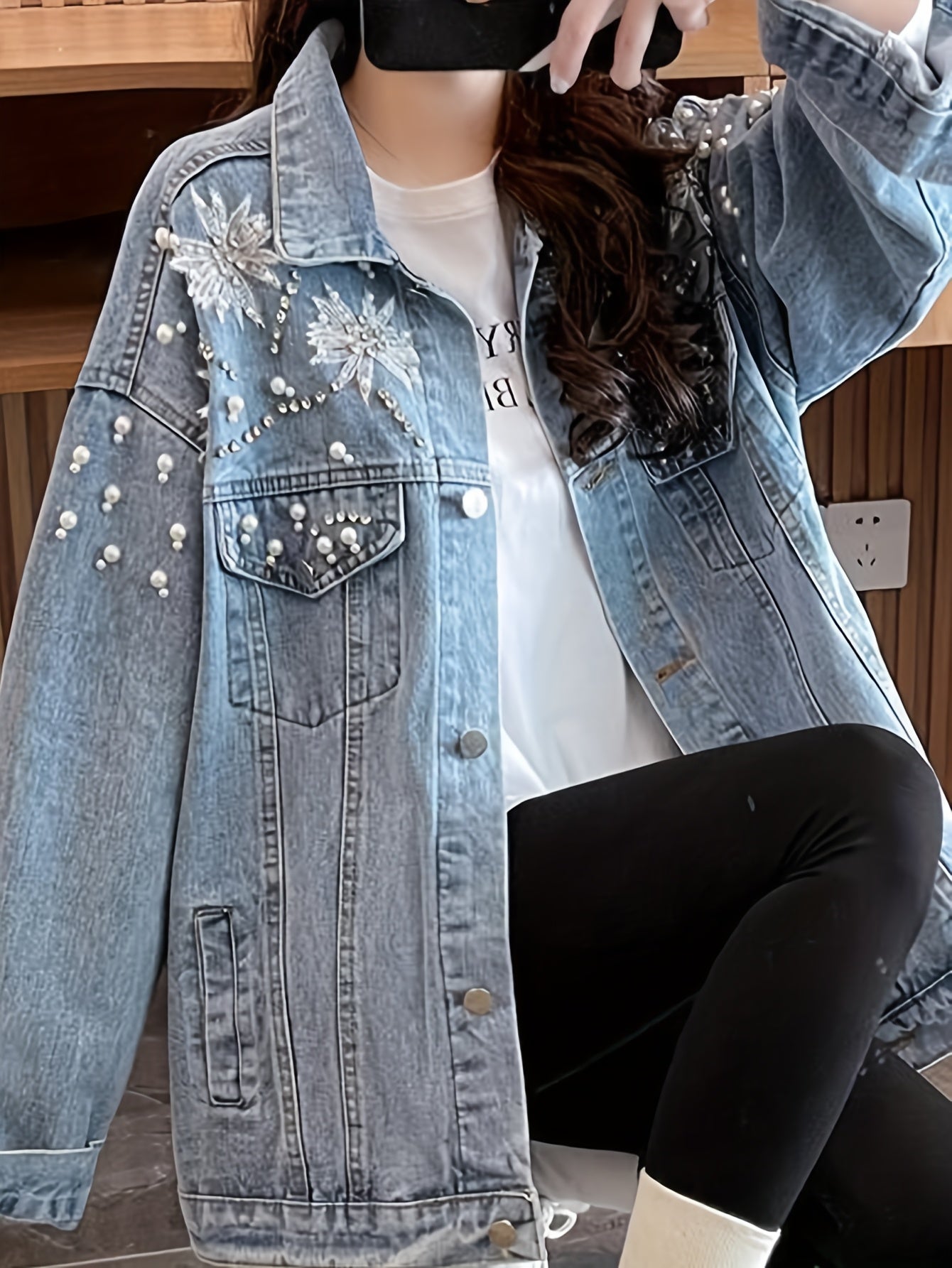 Spring\u002FFall Casual Jacket with Lapel Collar, Color Block Pattern, Long Sleeve, Button Details, Polyester Fabric, 130 g\u002Fm², Woven, Fashionable and Stylish for Going Out