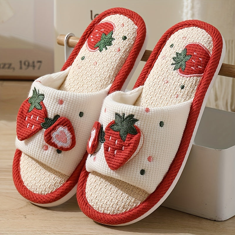 Cute Strawberry Pattern Linen Slippers, Open Toe Breathable Soft Sole Flat Shoes, Comfy Indoor Floor Slippers