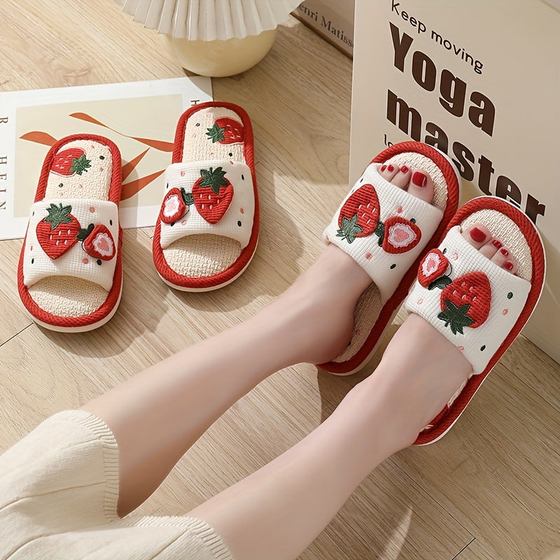 Cute Strawberry Pattern Linen Slippers, Open Toe Breathable Soft Sole Flat Shoes, Comfy Indoor Floor Slippers