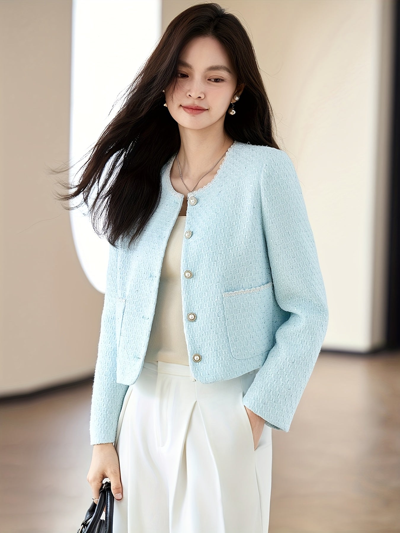 Women'S Elegant Light Blue Blazer with Golden Buttons - Versatile Long Sleeve Short Jacket for Spring & Fall, Polyester Fabric, Stylish Button-Up Design, Perfect for Office or Casual Attire, Office Blazer | Stylish Blazer | Polyester Blazer