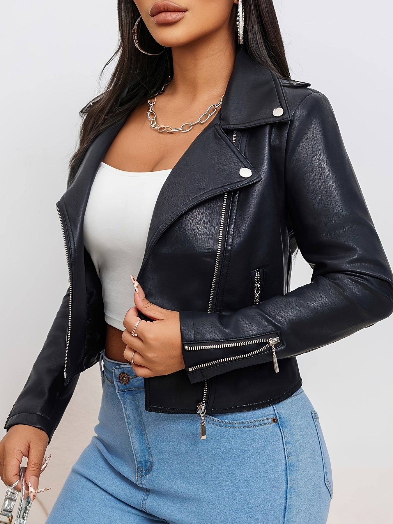 Women'S Chic Faux Leather Biker Jacket - Beige, Long Sleeve, Zipper Front, Pockets, Skinny Fit, Spring\u002FFall Fashion, Casual Attire Jacket|Chic Casual Jacket|Zippered Jacket