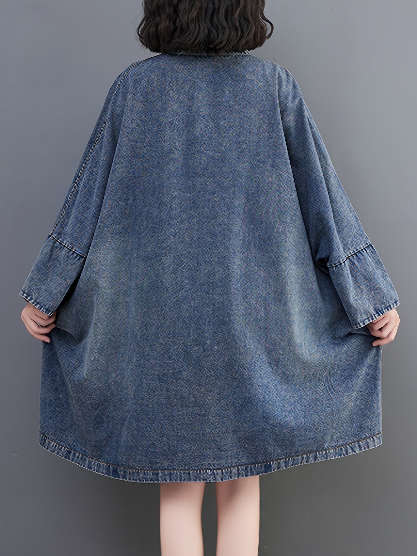 Women's Vintage Japanese-Inspired Distressed Denim Jacket Coat - Loose Fit Long Sleeve Open Front Casual Chic Outerwear, Machine Washable Non-Stretch Denim for Layering, Layering Piece | Decorative Pockets