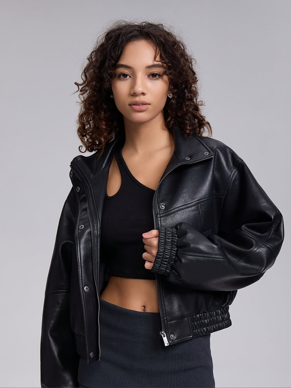 Women'S Casual Stand Collar Black Cropped Jacket, Faux Leather with Zipper, Solid Color, Long Sleeve, Short Length, Fall\u002FWinter Outerwear, 91% Polyester 5% 4% Viscose