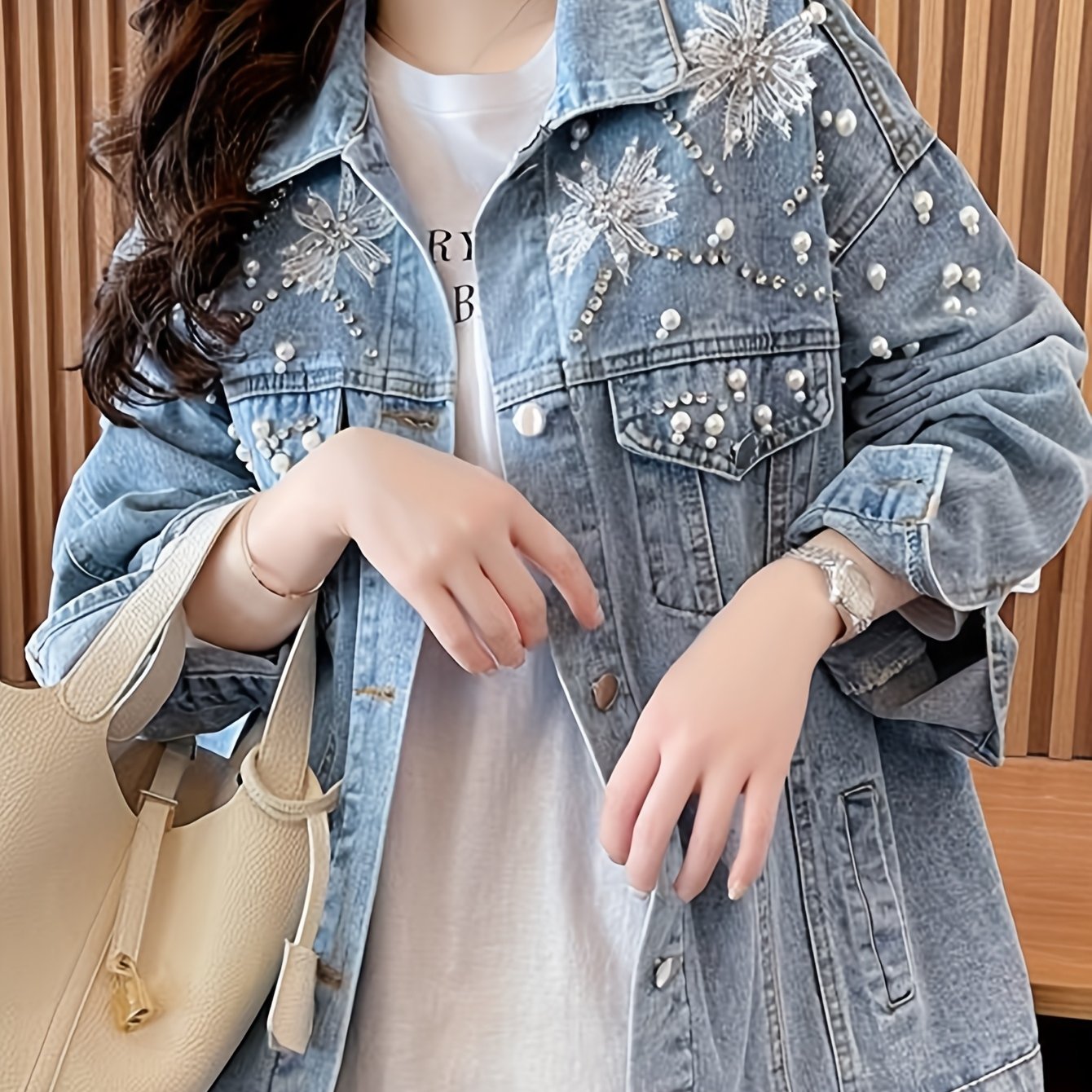 Spring\u002FFall Casual Jacket with Lapel Collar, Color Block Pattern, Long Sleeve, Button Details, Polyester Fabric, 130 g\u002Fm², Woven, Fashionable and Stylish for Going Out