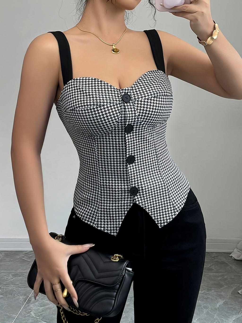 Chic Black & White Houndstooth Sleeveless Vest for Women - Adjustable Spaghetti Straps, V-Neckline, Single Row Buttons, Lightweight Polyester, Perfect for Spring, Summer & Fall Outfits, Stylish Layering Piece | Vneck Vest | Functional Design