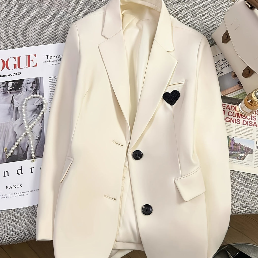 Women's Ivory Heart Embroidered Blazer Jacket - Elegant Lapel Collar, Machine Washable, Structured Fit for All-Season Versatile Wear, Casual Chic Apparel, Formal Outerwear, Suedelike Appearance