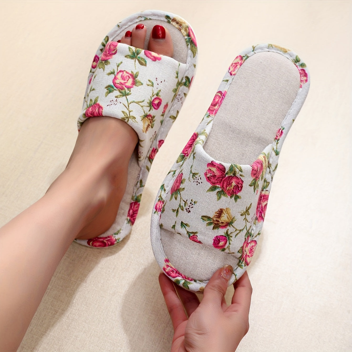Floral Print Fabric Linen Slippers, Breathable Open Toe Soft Flat Shoes, Lightweight Indoor Floor Slippers