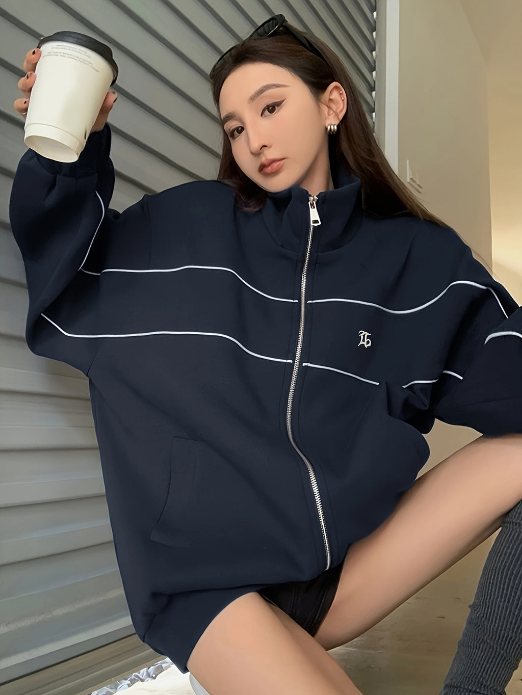 Solid Color Loose Casual Embroidered Stand Collar Jacket with Zipper for Women