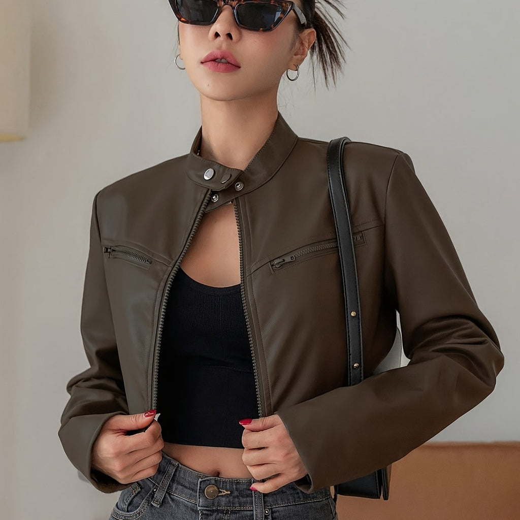 Women's Casual Bomber Jacket - Solid Color Zip-Up with Golden-Tone Buttons, All-Season Versatile Outerwear for Everyday & Special Occasions