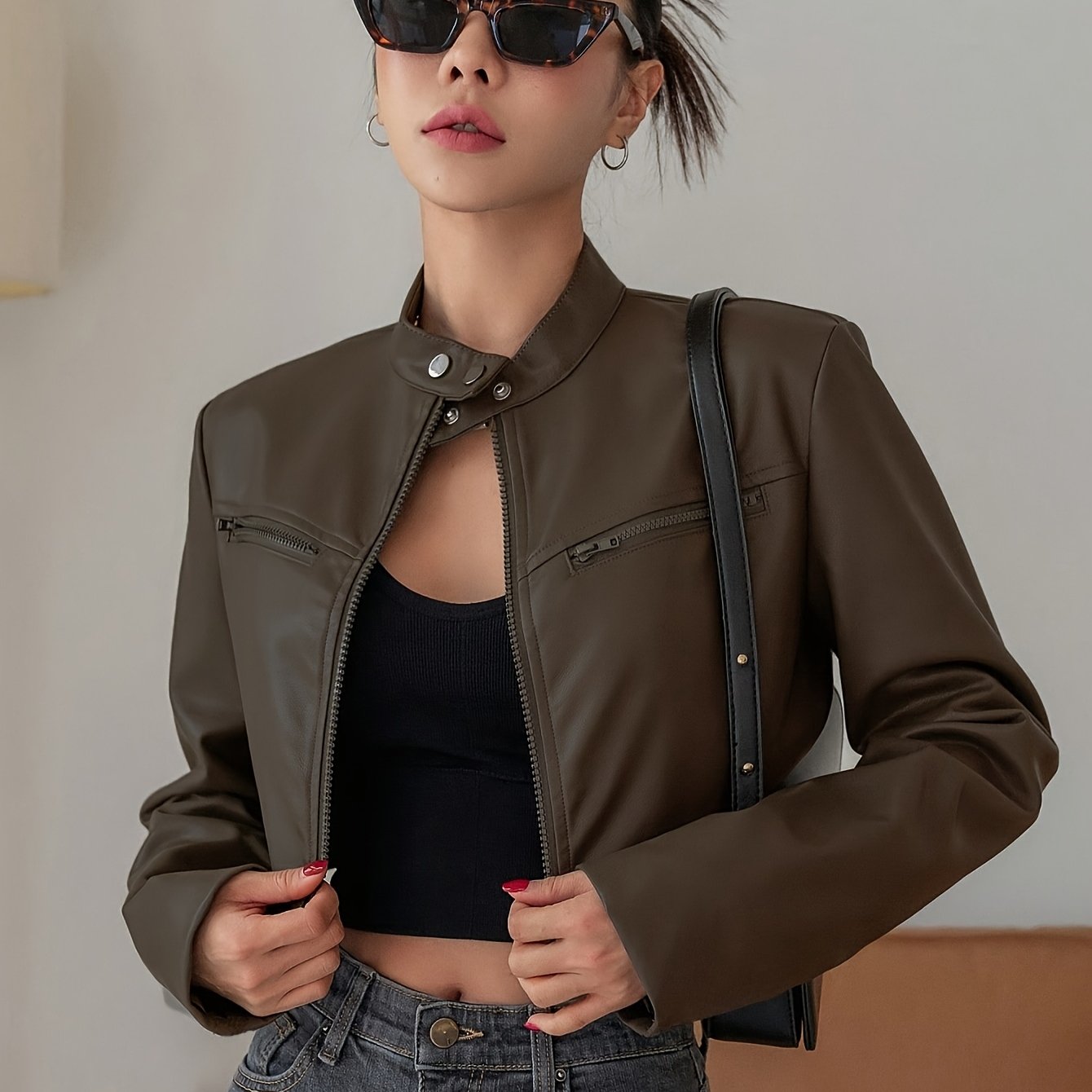 Women's Casual Bomber Jacket - Solid Color Zip-Up with Golden-Tone Buttons, All-Season Versatile Outerwear for Everyday & Special Occasions