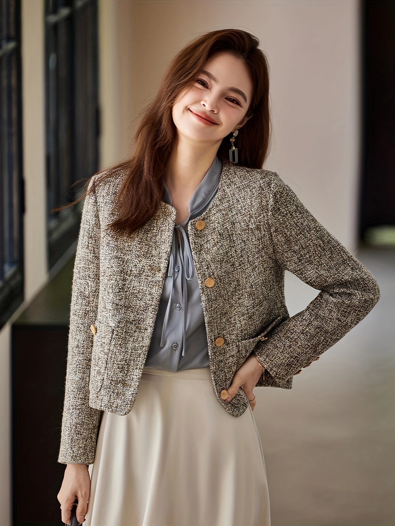 Chic French-Inspired Women'S Blazer - Elegant Long Sleeve, Button-Up Jacket with Golden Buttons, Polyester, Perfect for Spring\u002FFall, Sophisticated Layering Piece|Chic Buttonup Blazer|Polyester Jacket
