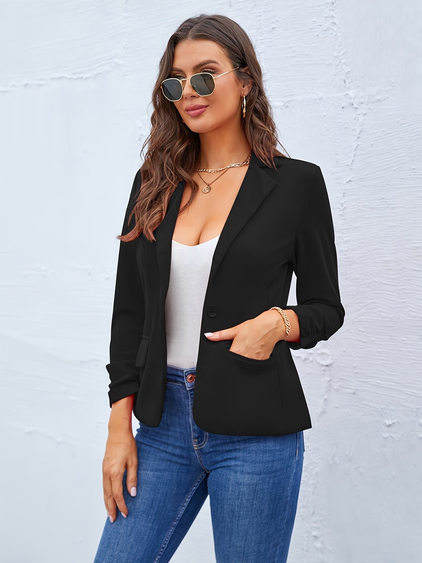 Solid Button Front Blazer, Casual Lapel Neck Blazer For Office & Work, Women's Clothing
