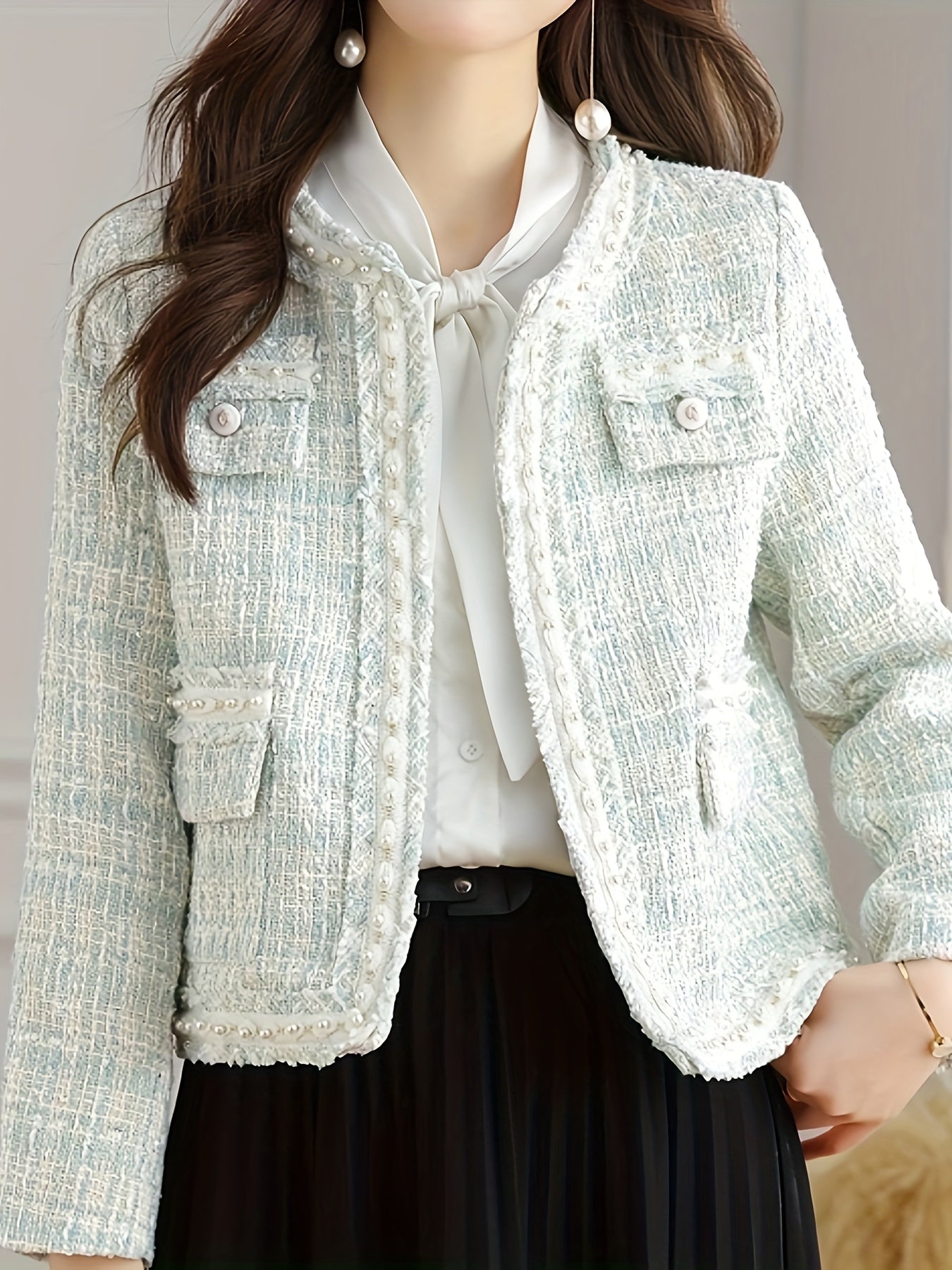 Women's European Vacation Chic Jacket - Elegant White Round Neck All-Season Lightweight Coat with Decorative Buttons, Hand Washable Solid Color Outerwear for Casual & Formal Occasions, Sophisticated Style, Durable Material, Fashionconscious Women