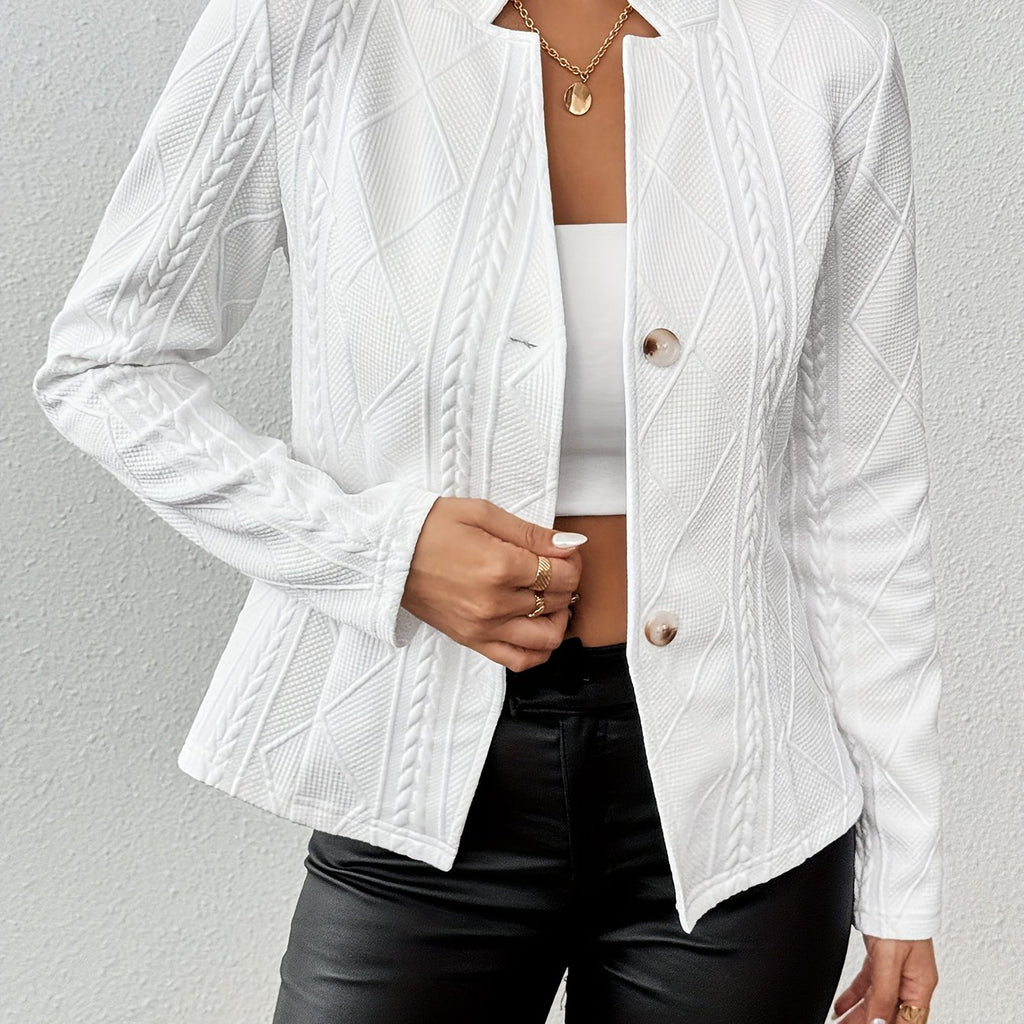 Button Front Long Sleeve Blazer, Elegant Solid Color Notched Textured Blazer, Women's Clothing