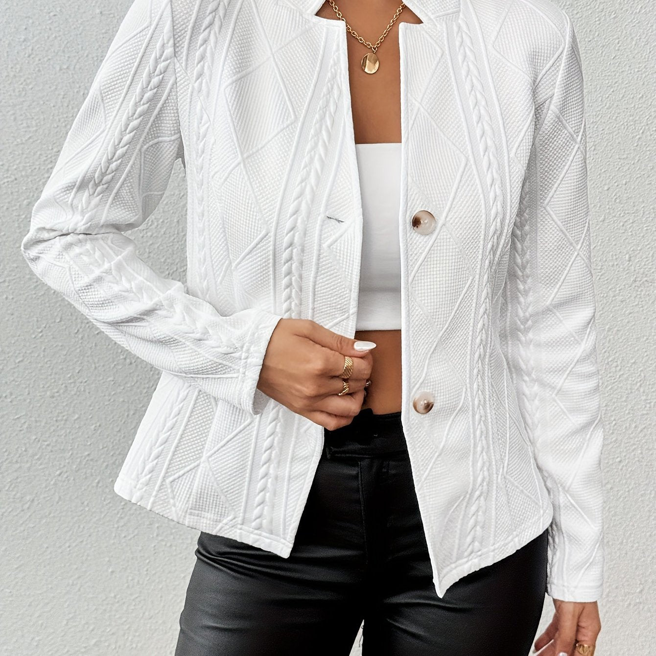 Button Front Long Sleeve Blazer, Elegant Solid Color Notched Textured Blazer, Women's Clothing